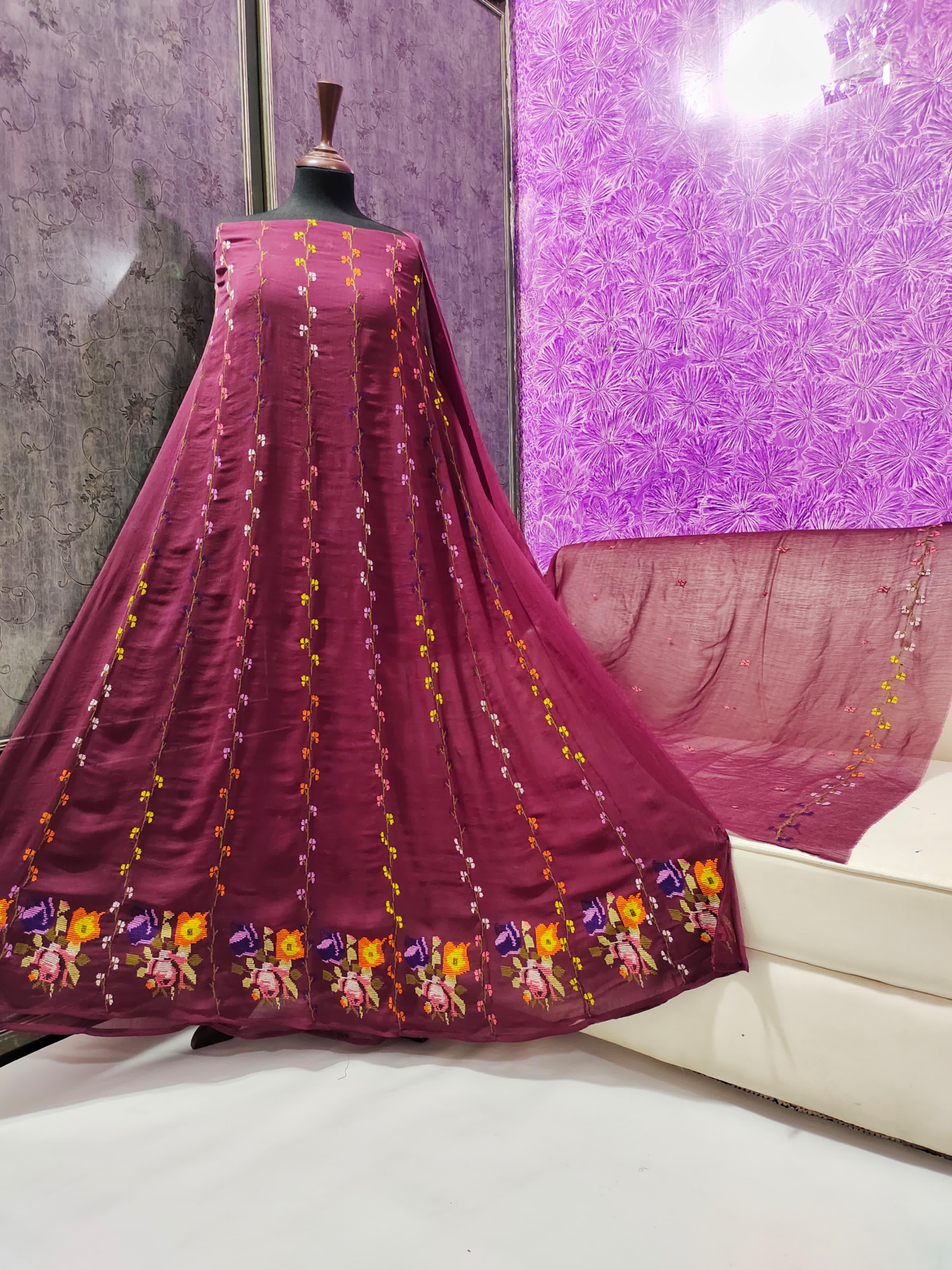 ZOHRA – Emerald Mehroon Multi-Thread Hand Embroidered Semi Stitched Anarkali Frock
